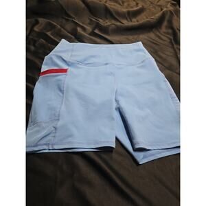 Fabletics PowerHold Biker Shorts- Baby Blue/Burgandy Accent- Fits 28-30” Waist